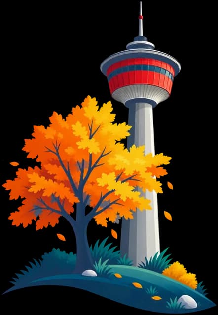 The Calgary Tower beside an autumn maple tree